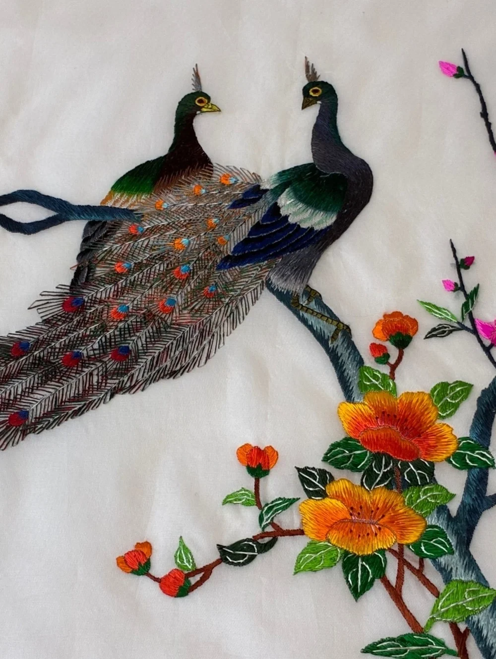 Vintage Embroidered Silk Textile with Peacocks and Flowers - 28x18 inches